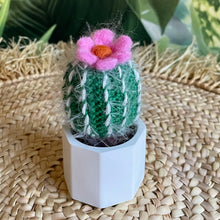 Load image into Gallery viewer, Kleiner gehäkelter Kaktus mit pinkfarbener Blüte in einem Keramiktopf
