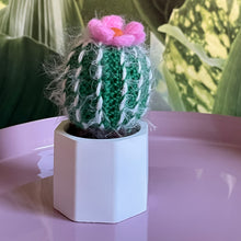 Load image into Gallery viewer, Kleiner gehäkelter Kaktus mit pinkfarbener Blüte in einem Keramiktopf

