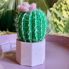 Load image into Gallery viewer, Kleiner gehäkelter Kaktus mit rosafarbener Blüte im Keramiktopf
