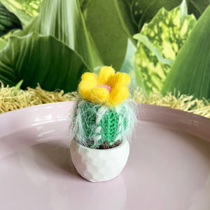 Kleiner gehäkelter Mini-Kaktus  mit gelber Blüte in einem Keramiktopf