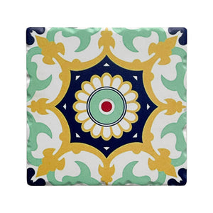 Keramik-Untersetzer in den Farben Grün, Gelb , Blau mit Korkunterseite im marokkanischen Dessin.